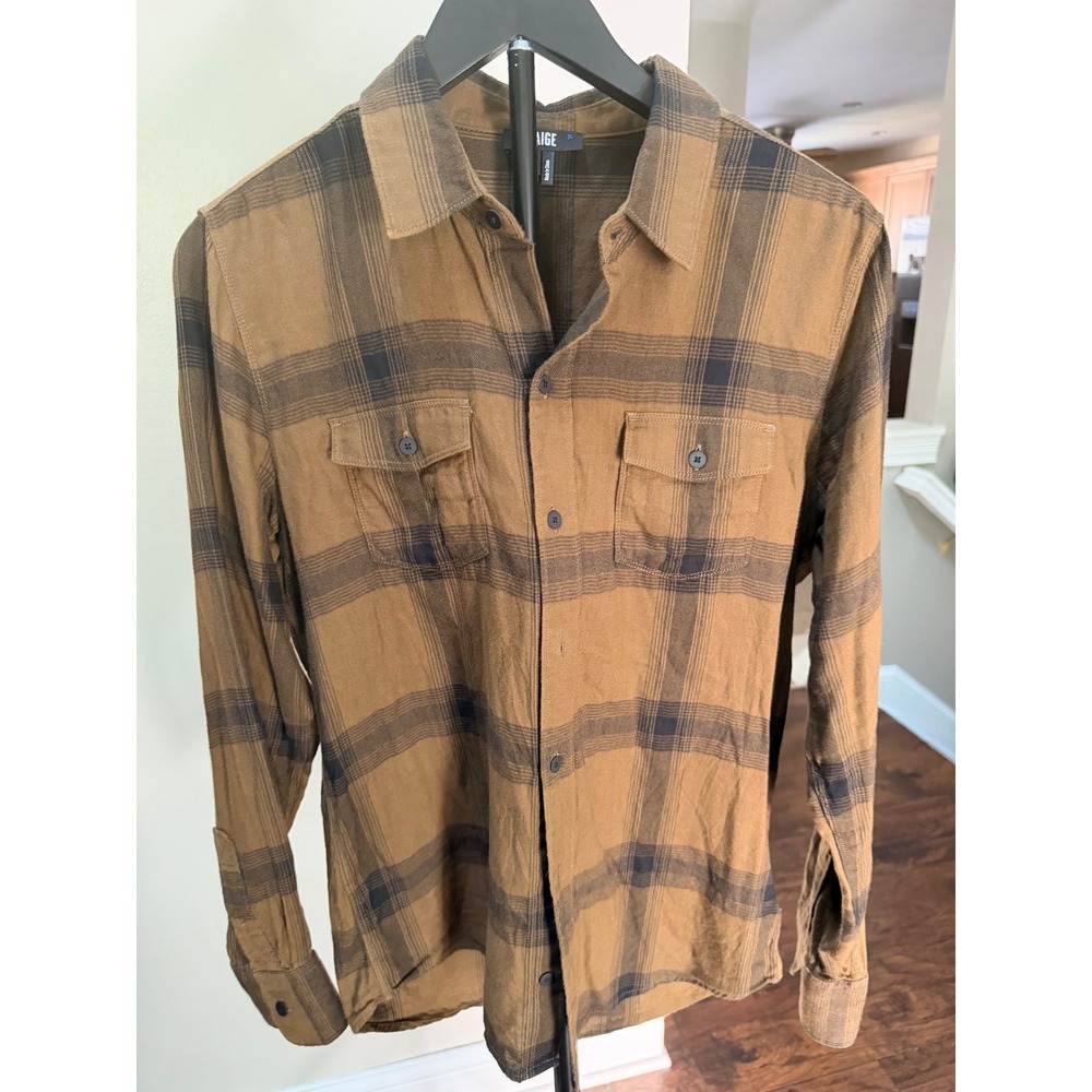 Paige Mens Everett Plaid Long Sleeve Button Down Shirt Brown Navy‎ Blue Small